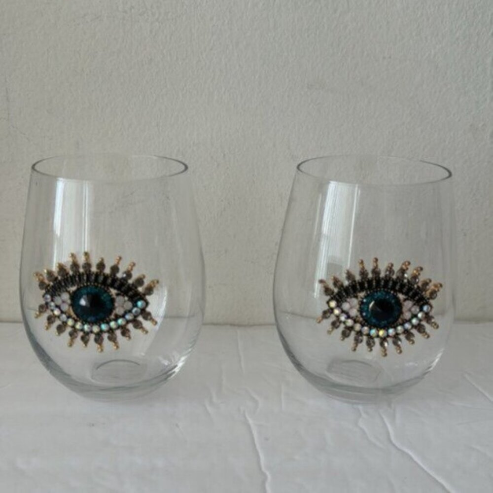 Rachel Zoe 2 Pc Jewel Rhinestone Hamsa Evil Eye Stemless Wine Glasses - Picture 6 of 10